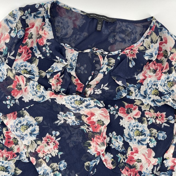 White House Black Market Tops - White House Black Market Floral Chiffon Ruffle Long Sleeve Blouse Top‎ Size 8